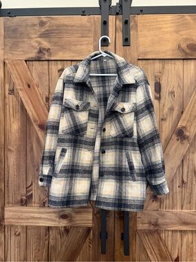 SHEIN Plaid Shacket Jacket in Cream and Black